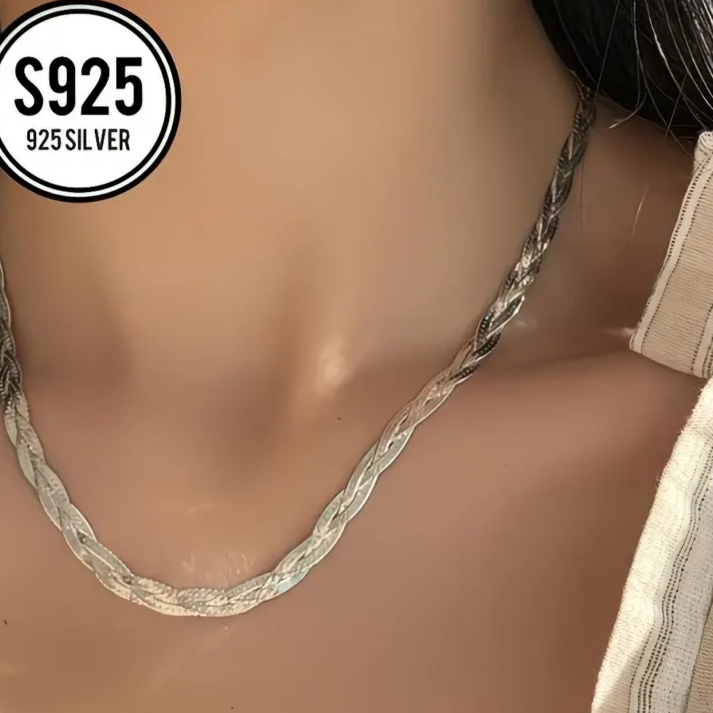 Adjustable Elegant S925 Silver Herringbone Braided Necklace - Picture 8 of 12